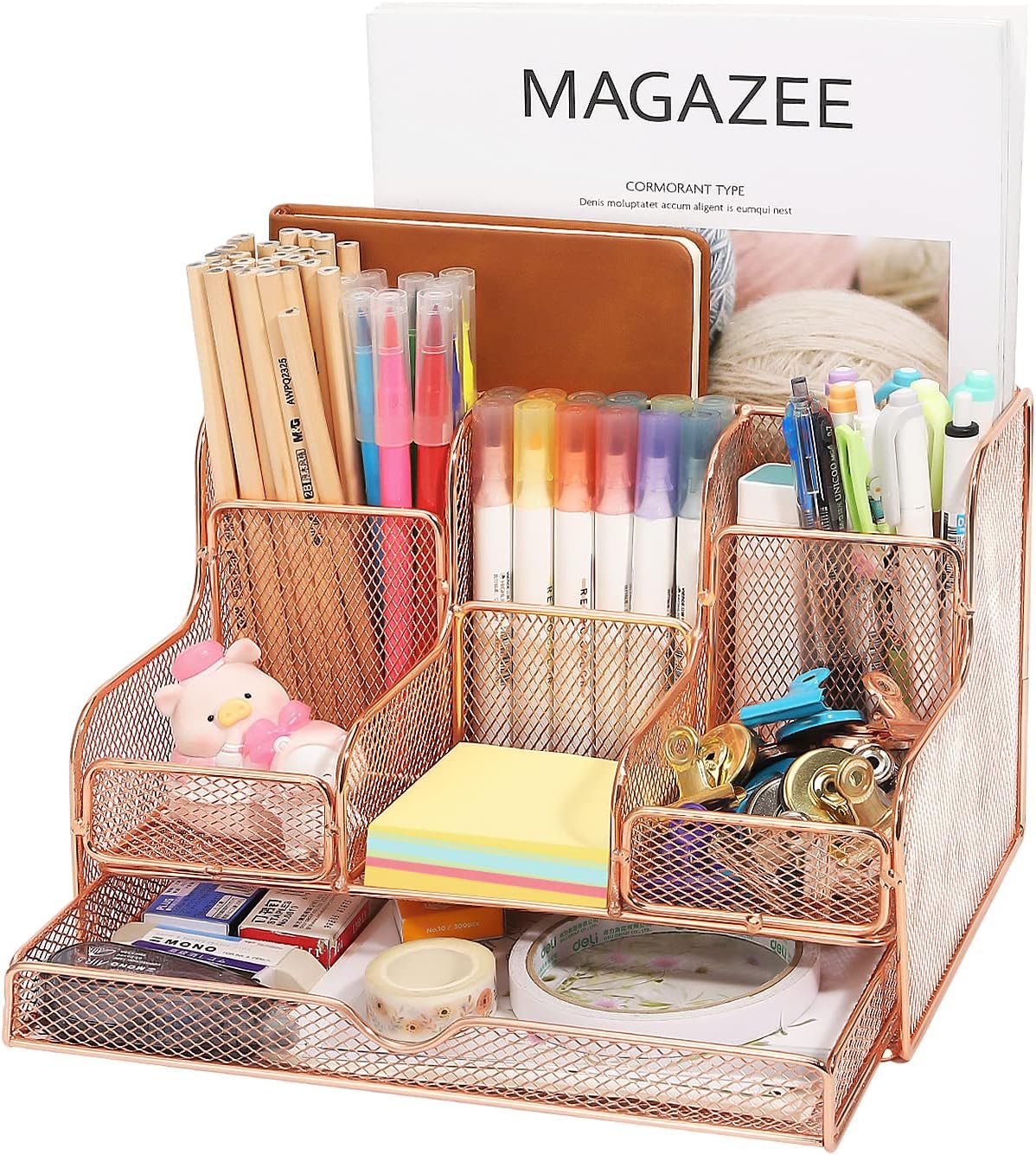 MoKo Desk Organizer,Office Organizers for Desk with 7 Compartments,Desk Organizer with Drawers for Notebook, Pens, Pencils Stationary Accessories School Supplies, Rose Gold