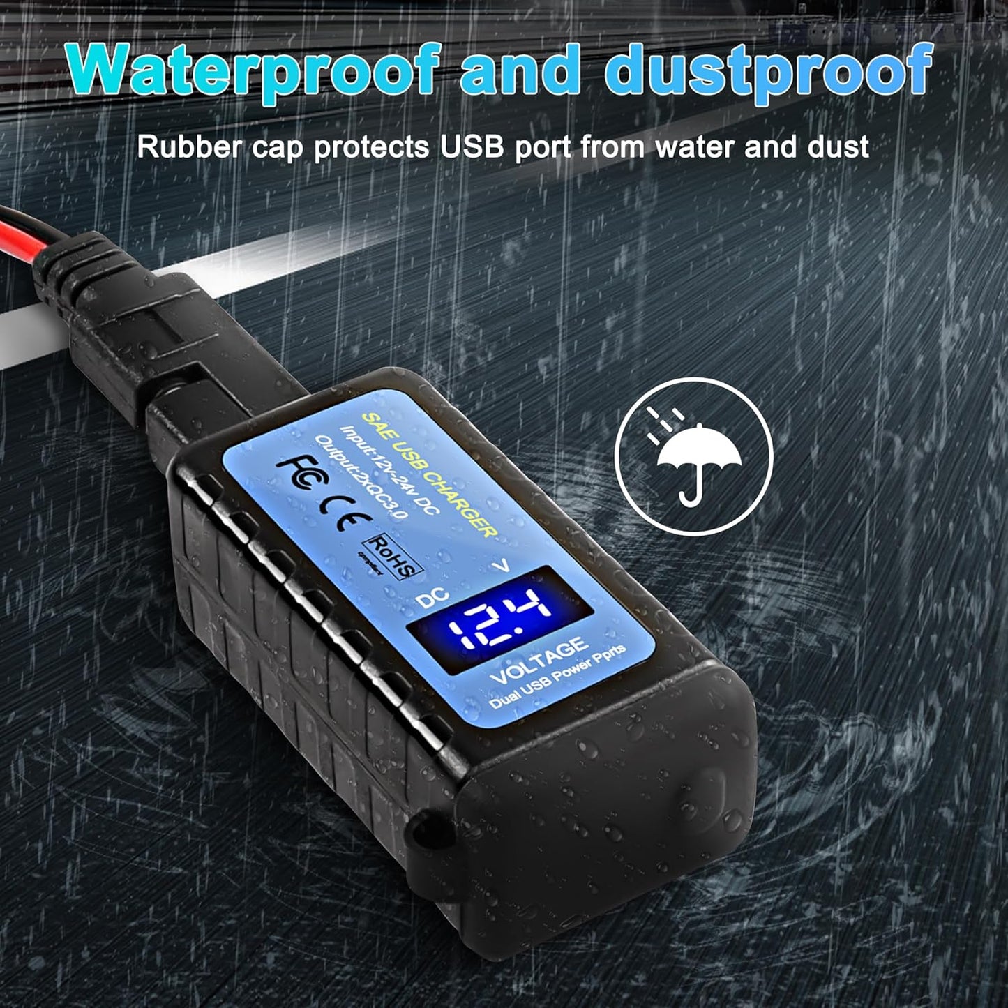 MEIRIYFA Motorcycle USB Phone Charger, SAE to Dual USB Phone Tablet GPS Charger Adapter 3A Fast Charger with Dual USB QC3.0, Voltmeter, ON/Off Switch Waterproof Motorcycle Accessories
