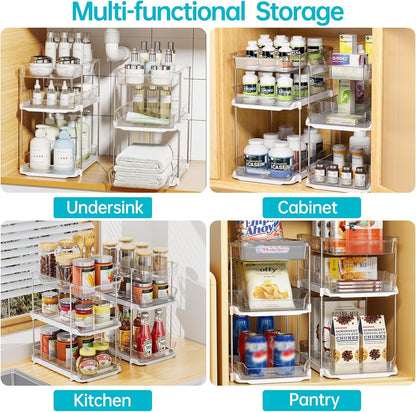 Delamu 2 Sets of 3-Tier Bathroom Under Sink Organizers and Storage, Multi-Purpose Stackable Pantry Organization and Storage, Pull Out Clear Kitchen Bathroom Cabinet Organizer with Movable Dividers