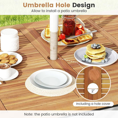 Tangkula 63-Inch Outdoor Dining Table, Patio Dining Table for 6 People w/Acacia Wood Tabletop & Metal Legs, Rectangular Wood Table w/Umbrella Hole for Patio, Yard, Garden & Deck