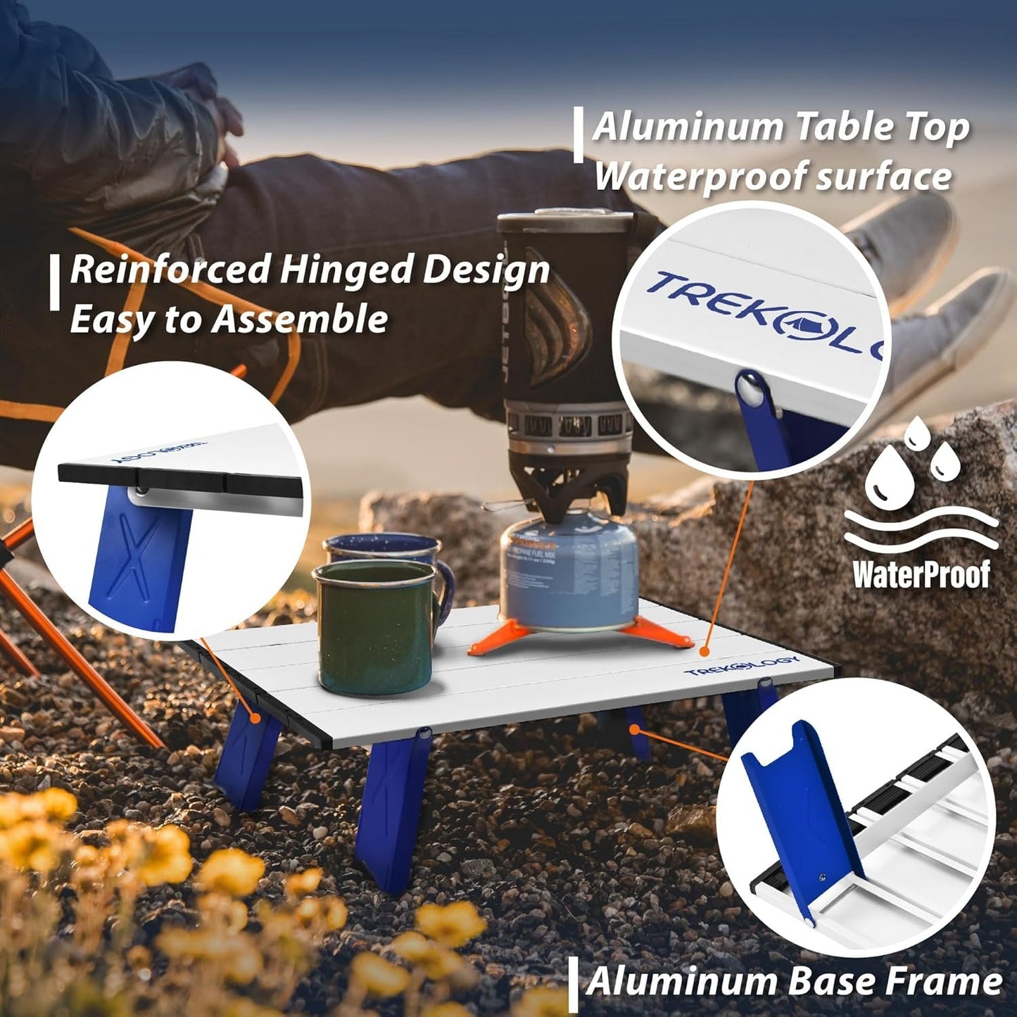 TREKOLOGY Beach Table – Portable Folding Table for Camping, Picnic, Backpacking, and Travel – Lightweight, Waterproof, Aluminum Frame, Tool-Free Setup, Holds 13kg