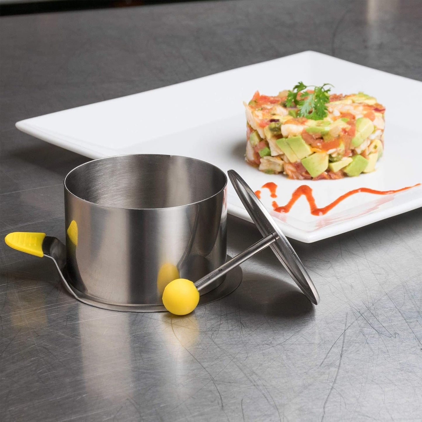 Ateco Round Food Molding Set, 3.5 by 2.1-Inches High, 4-Piece Set Includes 2 Rings, Fitted Press & Transfer Plate