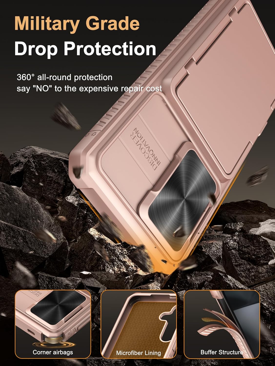 Vihibii for Samsung Galaxy S24 Case with Slide Camera Protection Cover, Built-in Card Holder (4 Cards) & Kickstand, Rugged Durable Wallet Phone Case for Samsung Galaxy S24 6.2" 5G 2024, Rose Gold