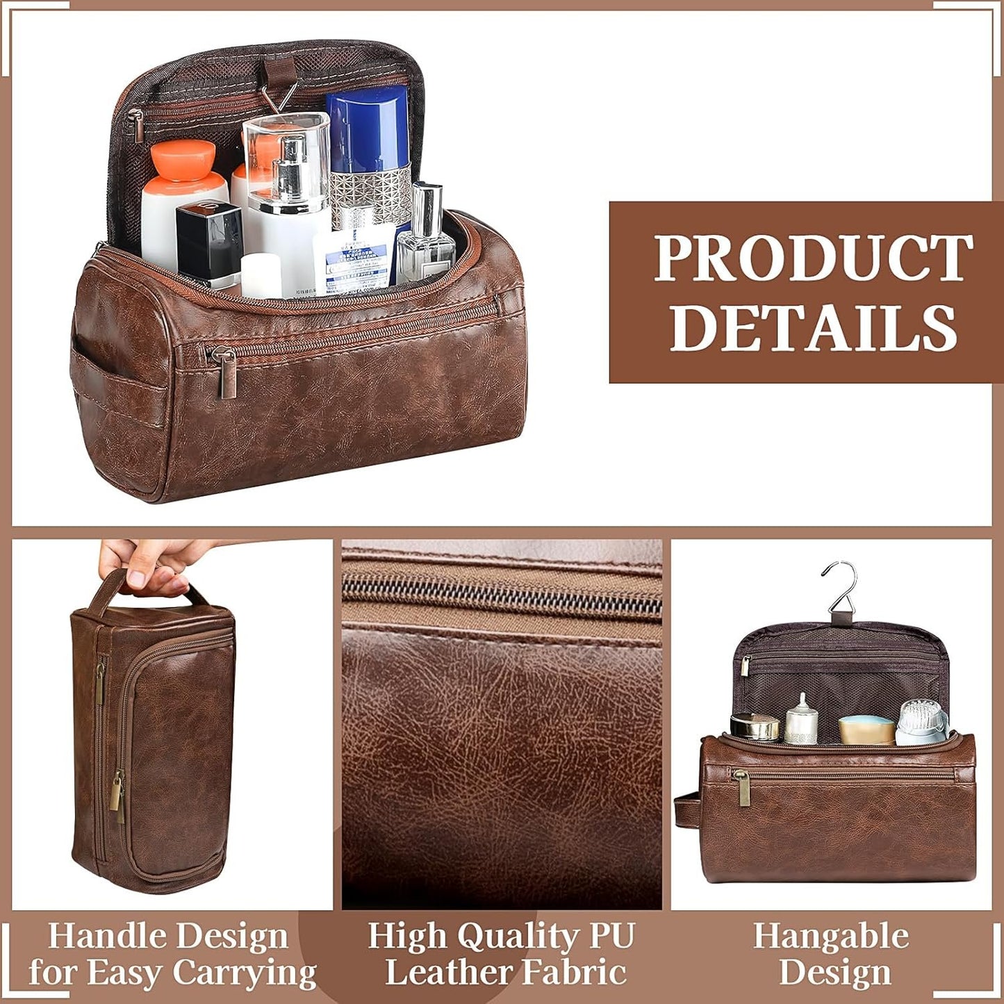 PU Leather Toiletry Bag for Men, 6 Pack Waterproof Cosmetic Bags with Hanging Hook, Travel Shaving Dopp Kit for Groomsmen, Gift for Wedding, Birthday, Father's Day, Valentine's Day - Elegant Brown