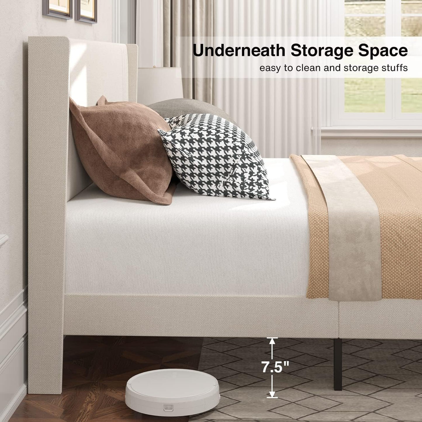 Gizoon Full Bed Frame with Wingback Headboard, Upholstered Platform Bed with Modern Geometric Headboard, Wooden Slats, Noise-Free, No Box Spring Needed (Beige, Full)