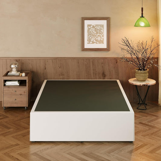 EMODA Queen Bed Frame with White Cover No Box Spring Needed, 18 Inch Heavy Duty Metal Platform BedFrame Queen Size with Steel Slats, Easy Assembly