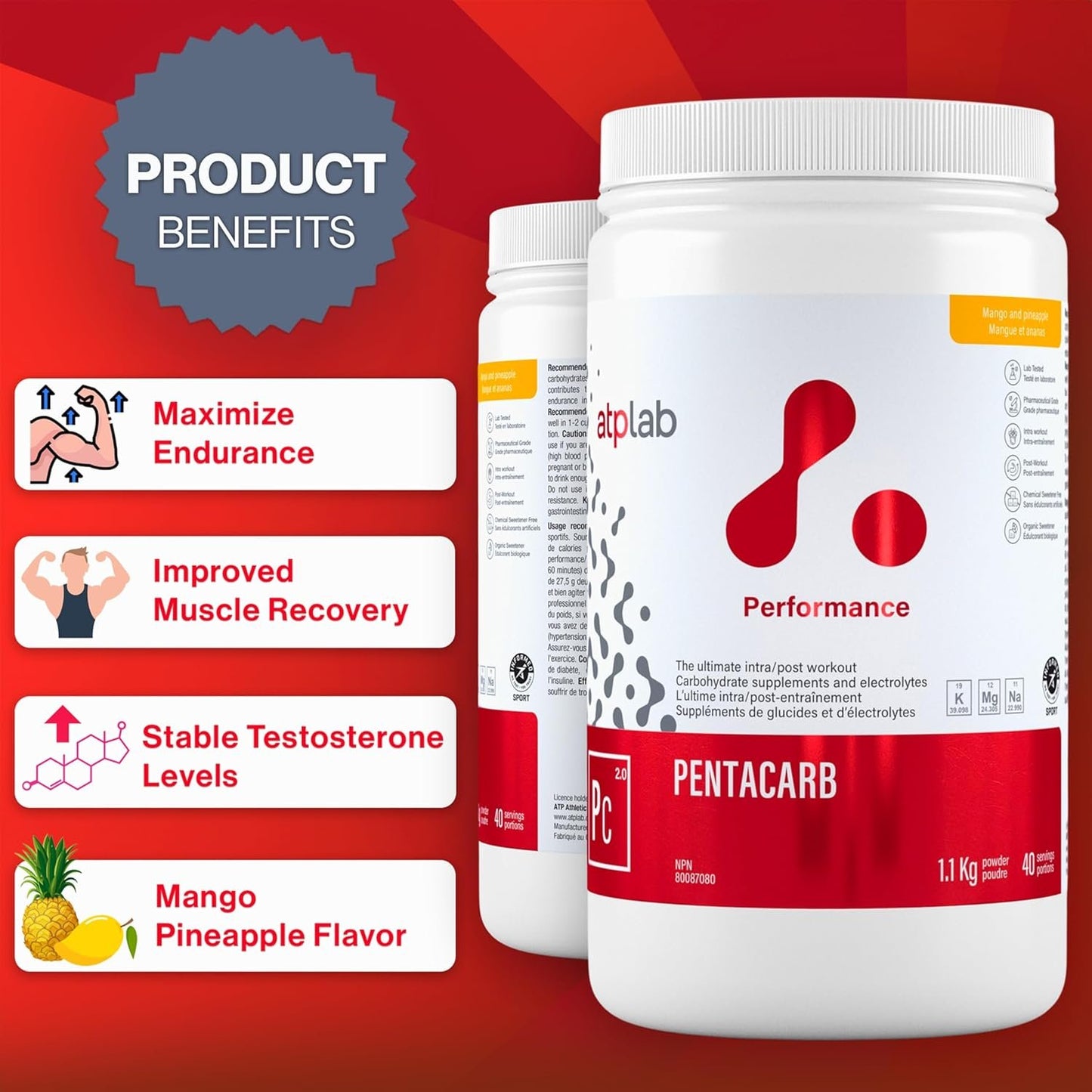 ATP LAB Pentacarb Electrolyte Powder 1.1kg 40 Servings - Mango Pineapple Flavor, Carbohydrate & Electrolyte Supplement for Energy & Endurance, Easy to Mix, Versatile Use for Athletes & Calorie Support