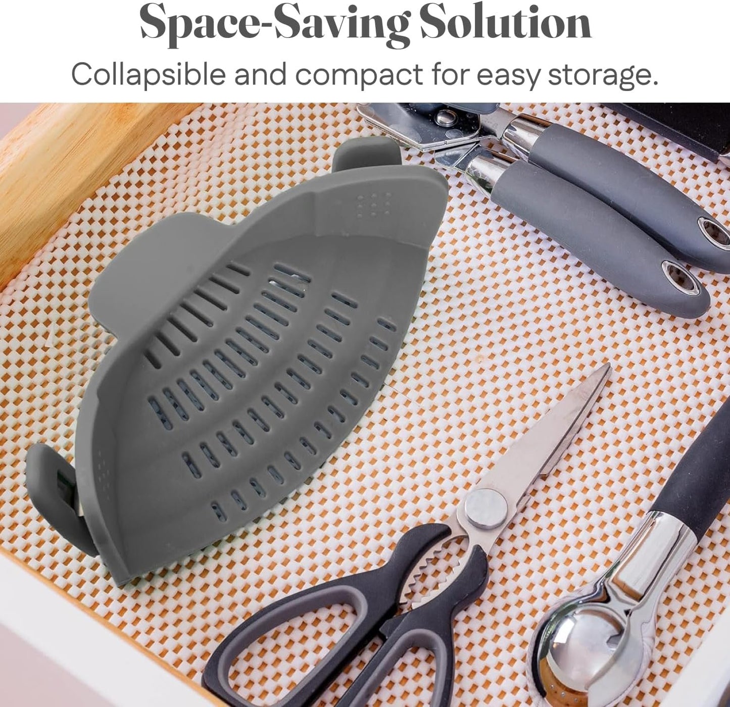Original Kitchen Gizmo Strainer for Pots, Pans, and Bowls - Adjustable Silicone Clip on Colander - Snap N Strain Kitchen Gadget for Fruits, Veggies, Salads, Pasta, and More - Dishwasher Safe - Grey