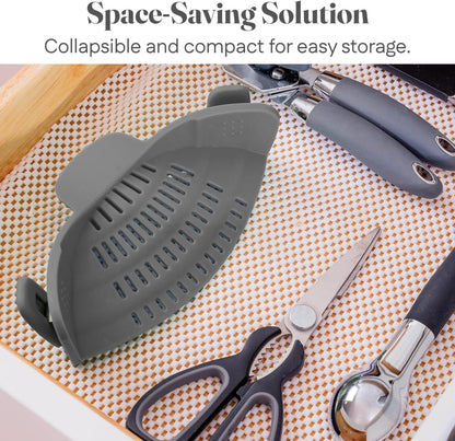 Original Kitchen Gizmo Strainer for Pots, Pans, and Bowls - Adjustable Silicone Clip on Colander - Snap N Strain Kitchen Gadget for Fruits, Veggies, Salads, Pasta, and More - Dishwasher Safe - Grey