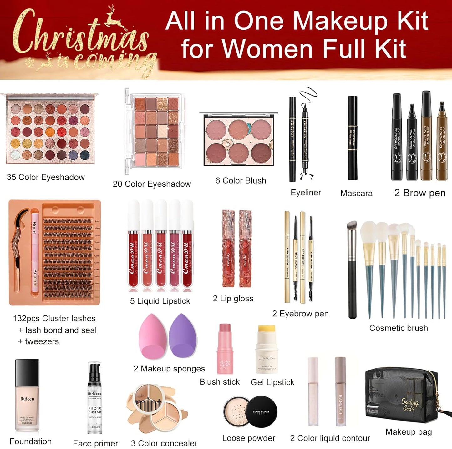 Ruicen Women's Make-Up Set, Complete Make Up Kit for Women and Teenagers with Eyeshadow Palette 55 Colours and Other Accessories, Make Up Set Ideal for Beginners