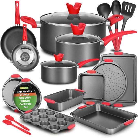 NutriChef 21-Piece Nonstick Cookware & Bakeware Set - Includes Saucepans, Skillets, Baking Pans, Loaf & Muffin Pans, Pizza Crisper, Cookie Sheet, & Silicone Utensils - Ultimate Kitchen Set
