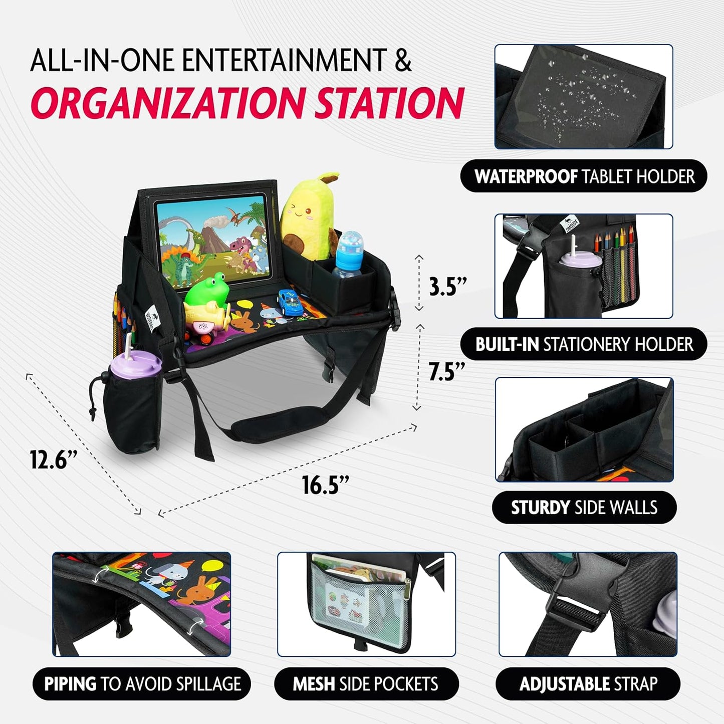DMoose Travel Lap Activity Tray for Kids and Toddlers, Padded Comfort Base, Side Walls, Mesh Snack Pockets, Tablet Holder, Waterproof Car Seat, Stroller, Airplane Play and Learn Area (Black (New))