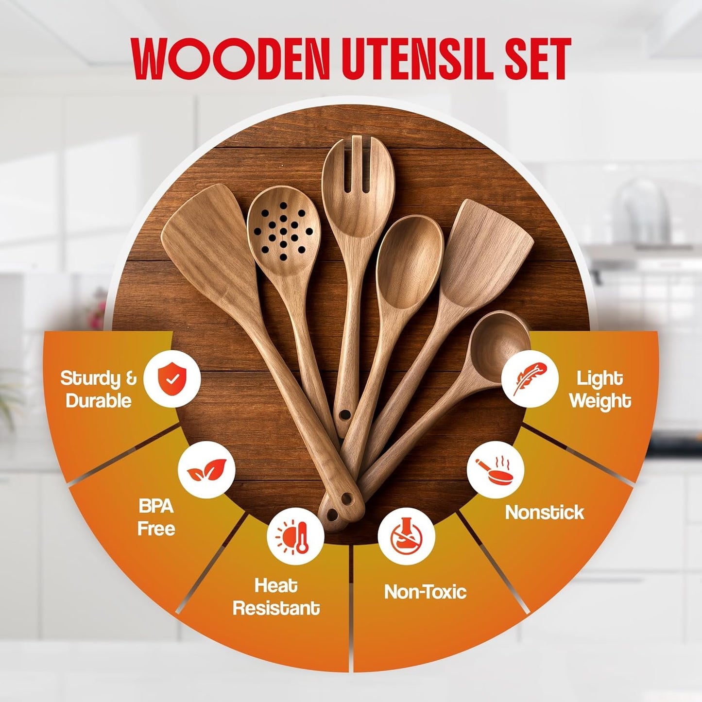 6-Piece Wooden Spoons for Cooking, Acacia Wood Cooking Utensils Set, Kitchen Utensils for Nonstick Pans and Cookware | Wooden Spatulas & Spoons | Heat Resistant, Comfort Grip, Eco-Friendly, Non Toxic
