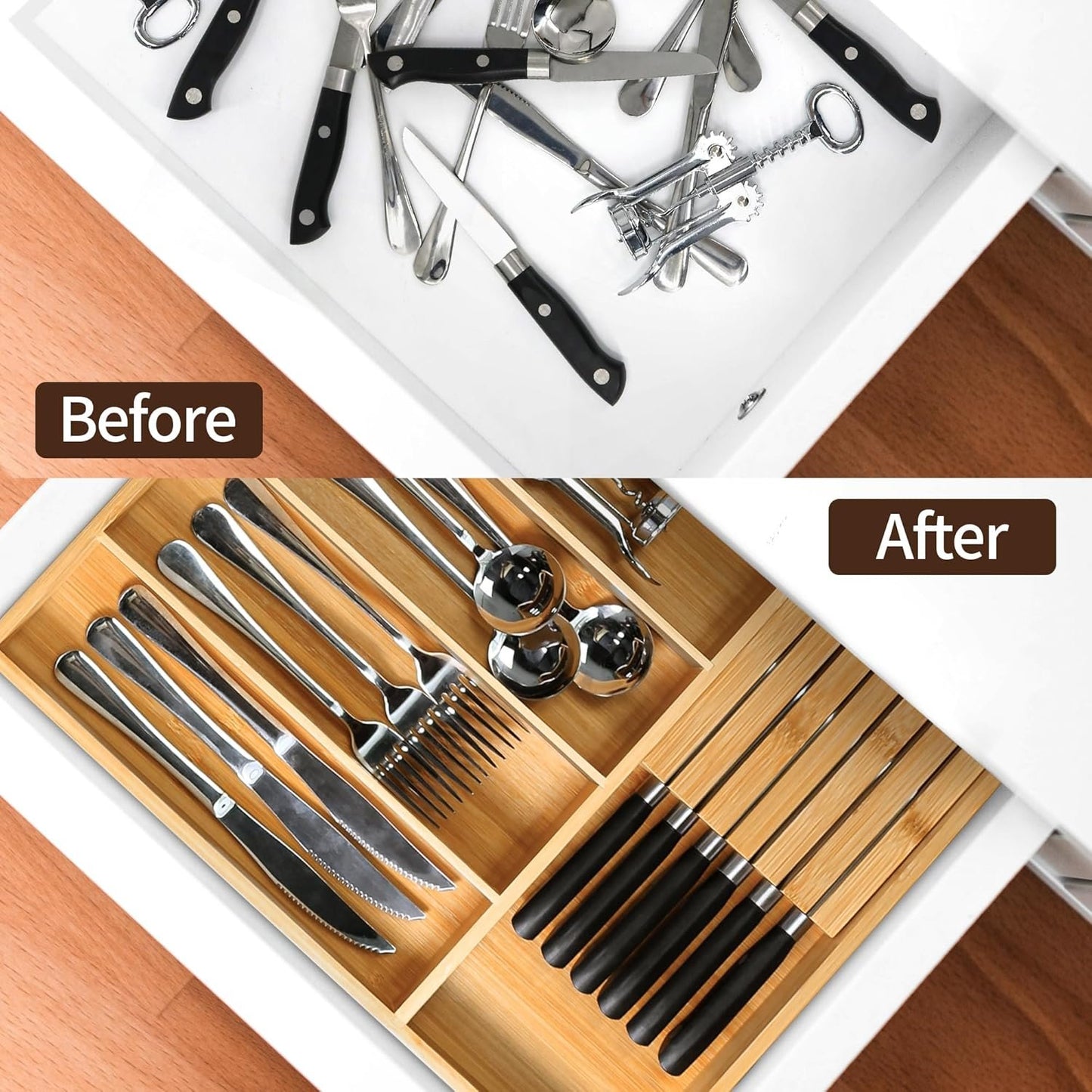 VaeFae Bamboo Cutlery Organizer, Utensil Holder for Drawer, Wooden Cutlery Tray with Divider for Kitchen, Flatware Storage with Removable Knife Block