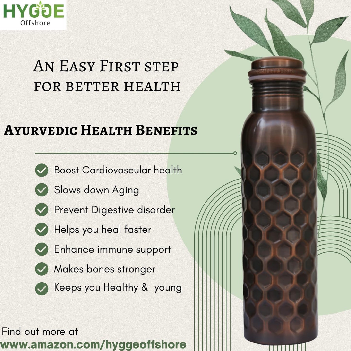 HYGGE 34oz (1L) Pure Copper Water Bottle – Leak-Proof Ayurvedic Copper Bottle for Drinking – Antique Hammered Design – Ideal for Yoga, Gym, Fitness & Outdoor – Natural Wellness Benefits