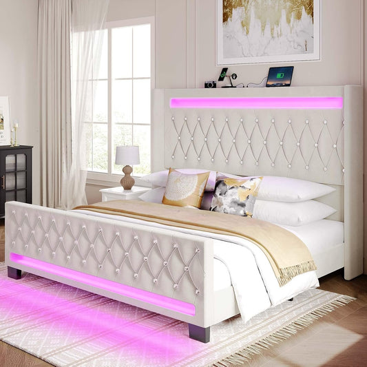 Rolanstar King Bed Frame with LED Light and Charging Station, Upholstered High Headboard and Footboard, Wood Slats, Noise Free, Easy Assembly, White
