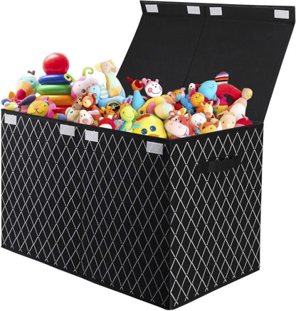 Toy Chest Box Organizer Bins for Boys Girls, Kids Large Collapsible Storage Box Container Sturdy with Fabric Flip-Top Lid & Handles for Clothes, Blanket, Nursery, Playroom, Bedroom, (Black)