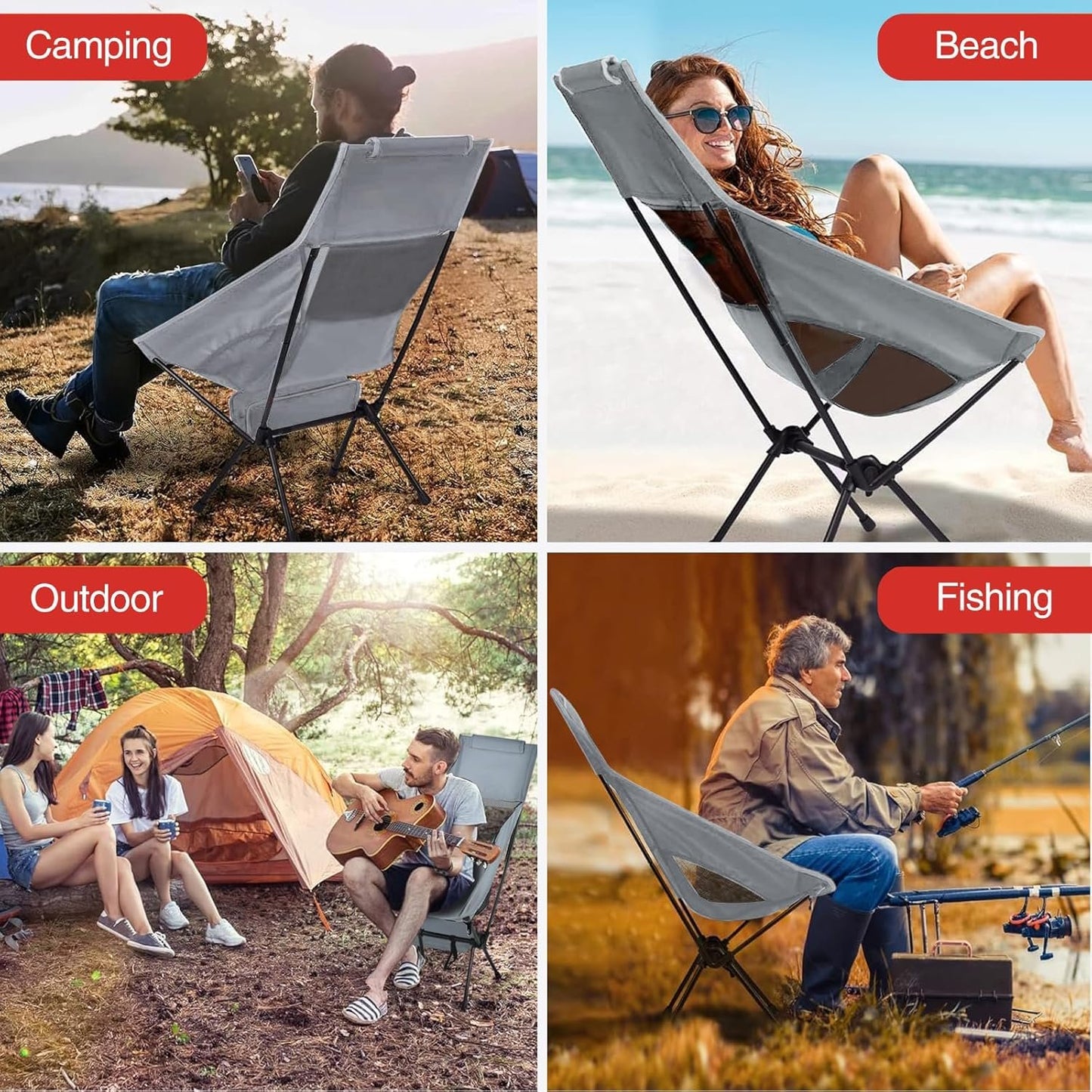 XIULIUU Lightweight Folding Camping Chairs, Portable Camping Chair with Storage Bag, Ultralight Backpacking Chair for Outdoor Camp Travel Beach Picnic Festival Hiking, Supports 150kg (Grey, Large)
