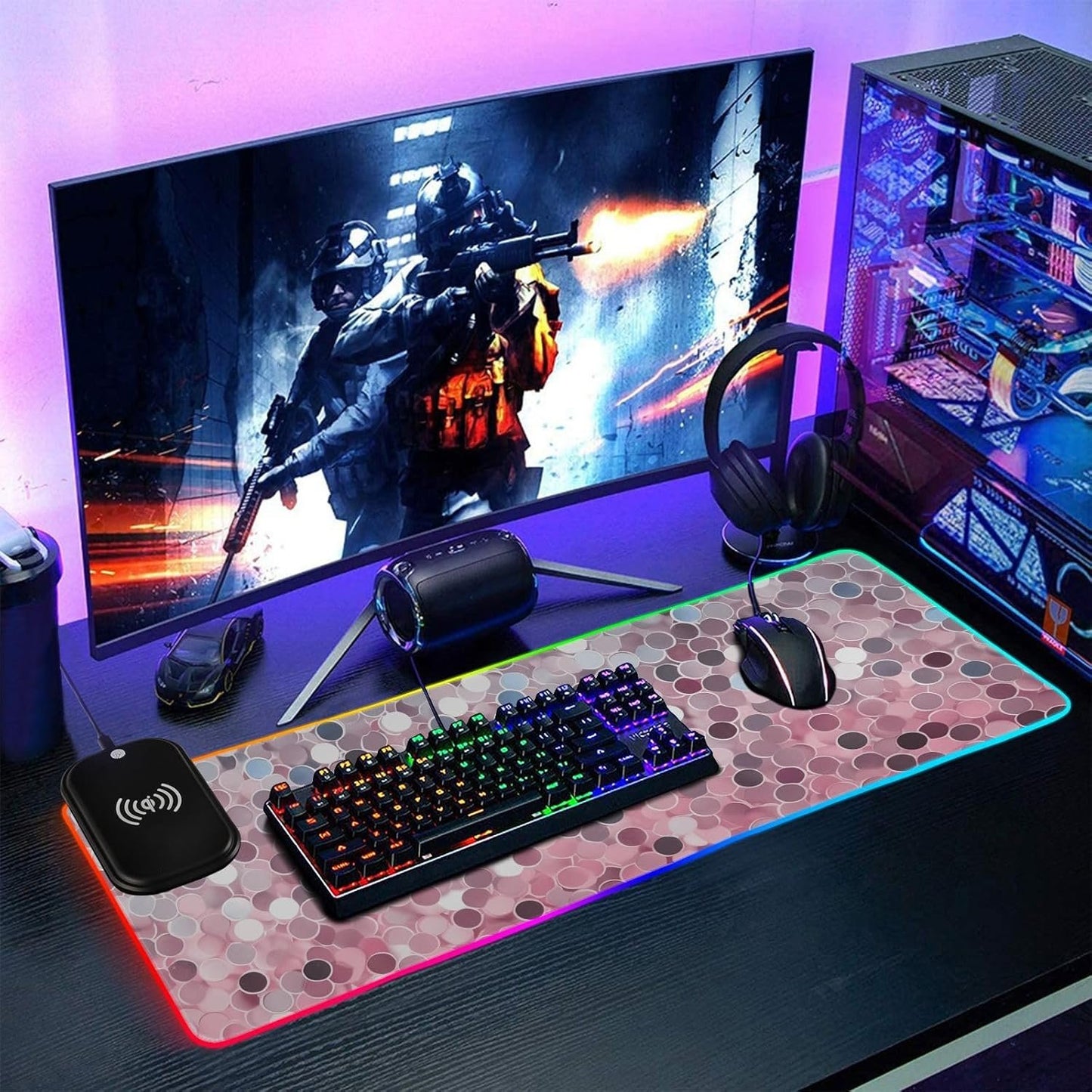 Glitter Pink Purple Gold Silver Wireless Charging Desk Pad, Non-Slip Rubber Base, Gaming Asseccories for Room, 31.5x11.8in