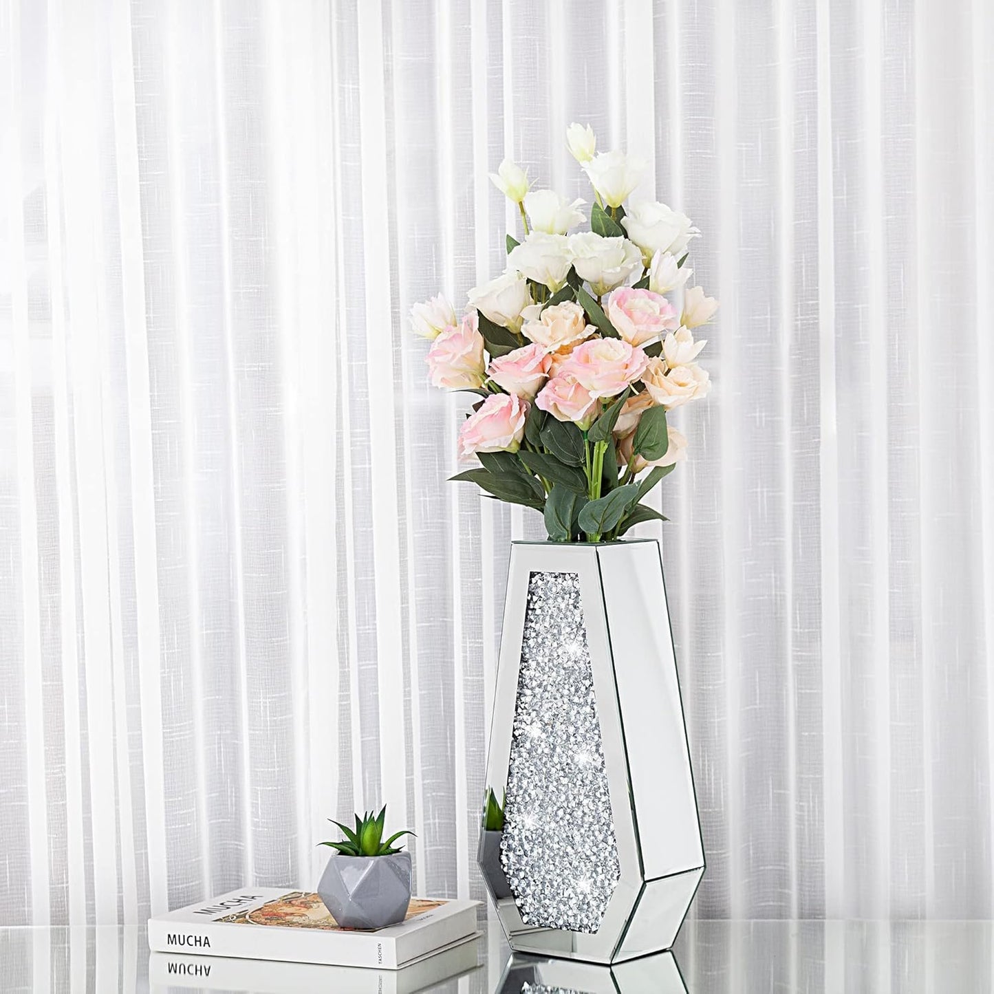Crushed Diamond Flower Vases Decorative Large Clear Glass Mirrored Vase Silver Crystal Vase for Home Decor Can Not Hold Water,36H cm
