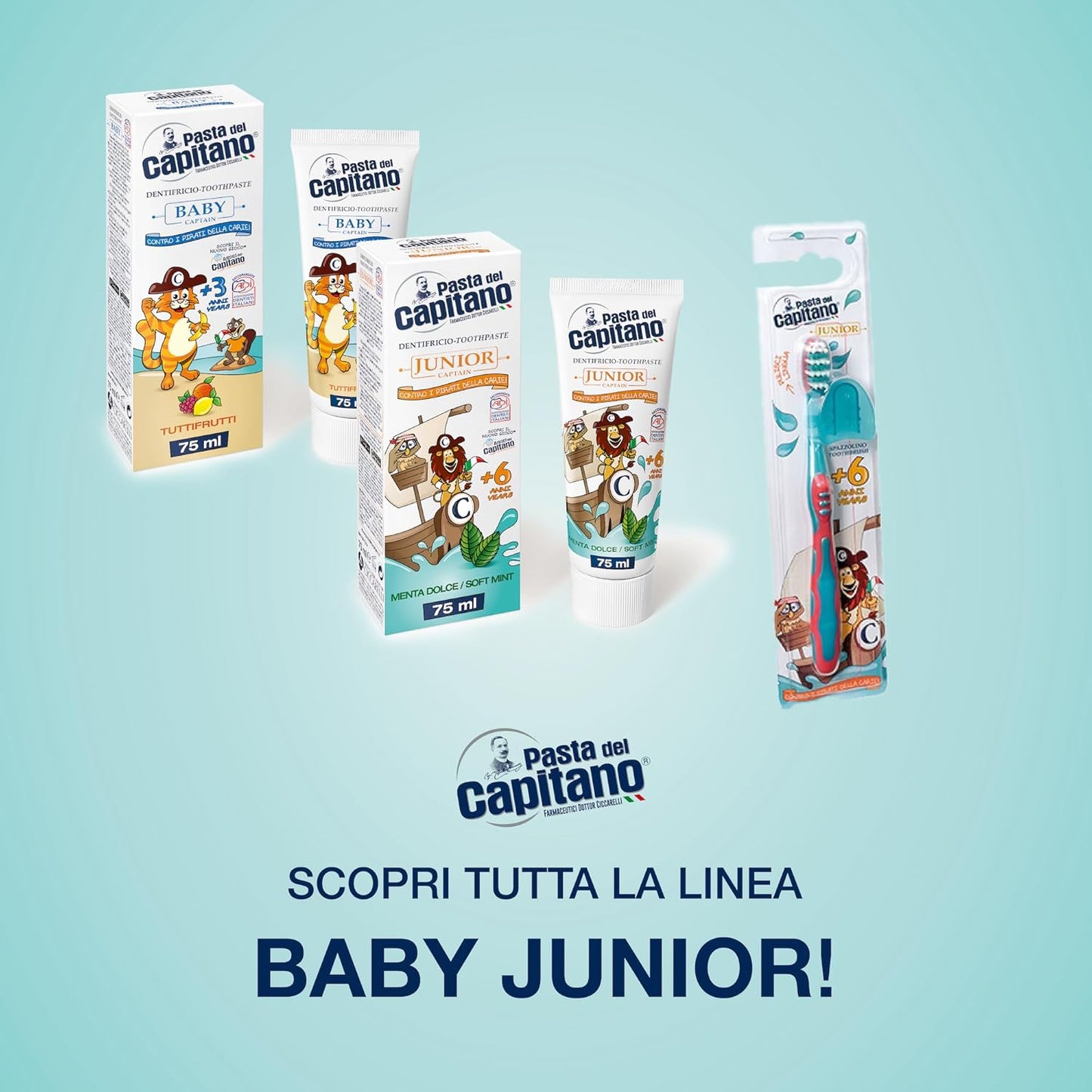 Pasta del Capitano, Junior Mouthwash with Sweet Mint Flavour, Alcohol-free, Prevents the Formation of Caries, Ideal for Children from 6 Years of Age, 100% Made in Italy, 400 ml Bottle