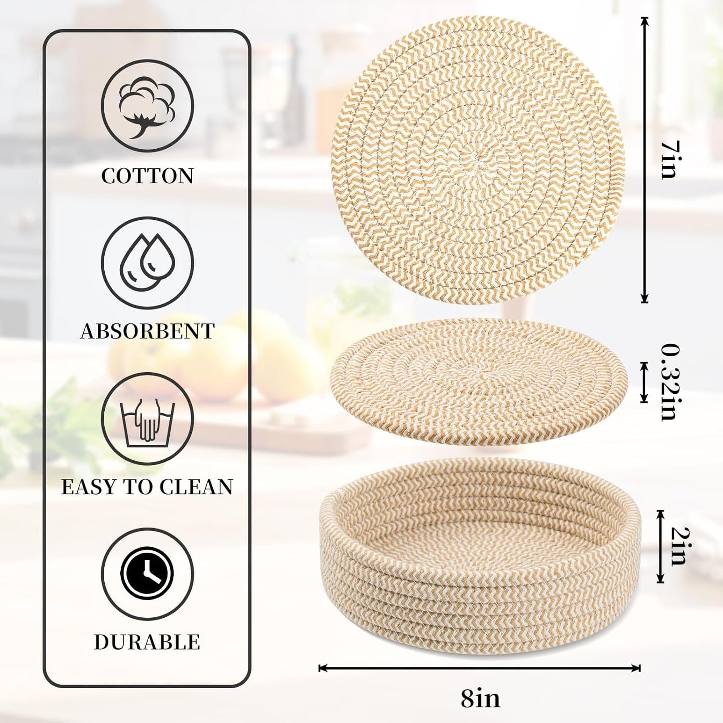 Trivets for Hot Dishes, Trivets for Hot Pots and Pans, Cotton Coasters 5 Pcs and Storage Basket 1 Pack, Pot Holders for Kitchen, Hot Pads for Table, Hot Mats Protect Countertops (Brown 5 Pcs)