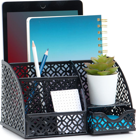 Hudstill Desktop Organizer Caddy and Stationery Organizer for Office Supplies Storage and Workspace Organization, 6 Compartments 1 Drawer, Cubicle Decor, Desk Accessories at Work, Home, School (Black)
