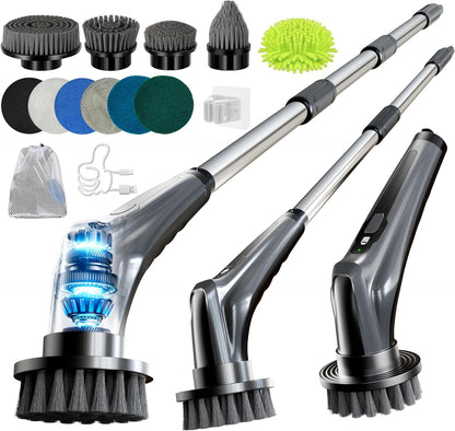HEY BANK Electric Spin Scrubber - 17in1 Cordless Electrical Cleaning Brush, Shower Scrubber with 2 Speed & 10 Brush Heads, Power Scrubber with Adjustable Extension Handle for Bathtub Grout Tile Floor