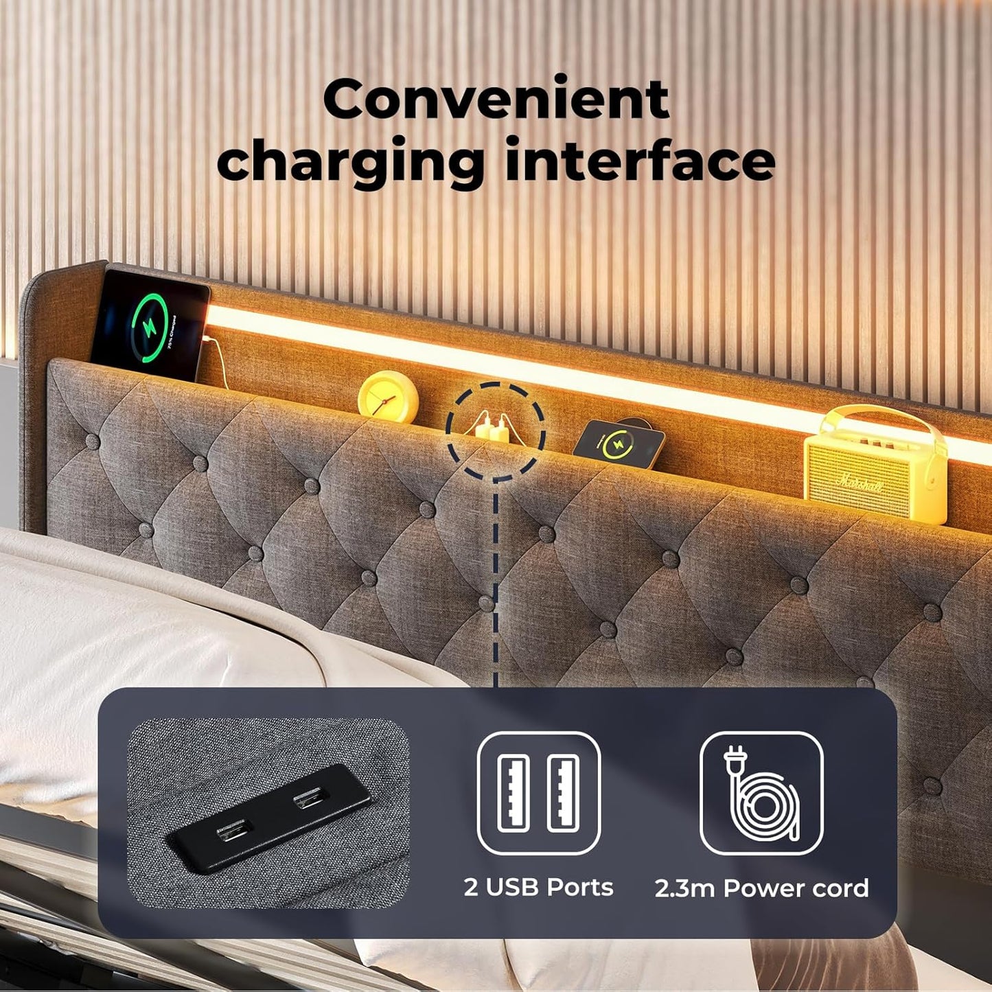 Levede Double Bed Frame,Fabric Upholstered Bed Base with Gas Lift Storage, RGB LED Lights, USB Charging,Headboard,Under Bed Storage Space, Easy Assembly, Bedroom Furniture