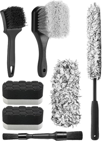 Fantasticlean 7PCS Car Wheel Cleaning Pro Kit, Tire Brush, Soft-bristled Rims Brush, Microfiber Flat Wheel Brush, Double-Ended Detailing Brush, Detailing Pads, Scratch-Free & Multipurpose