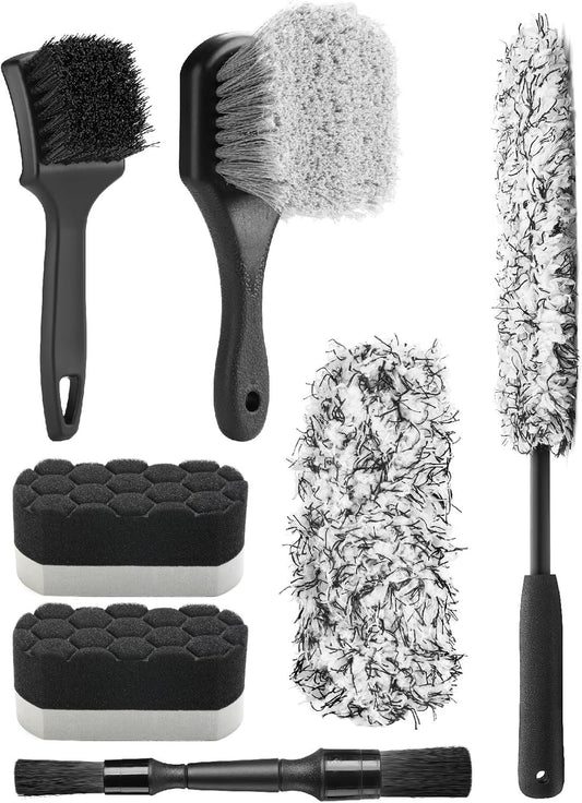 Fantasticlean 7PCS Car Wheel Cleaning Pro Kit, Tire Brush, Soft-bristled Rims Brush, Microfiber Flat Wheel Brush, Double-Ended Detailing Brush, Detailing Pads, Scratch-Free & Multipurpose