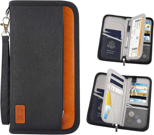 RFID Blocking Passport Wallet, RUMANLE Family Travel Passport Holder Bag Waterproof Card Organiser with Hand Strap Zip,Ticket Cash Coins Holder Case for Outdoor Sporting Traveling - Black
