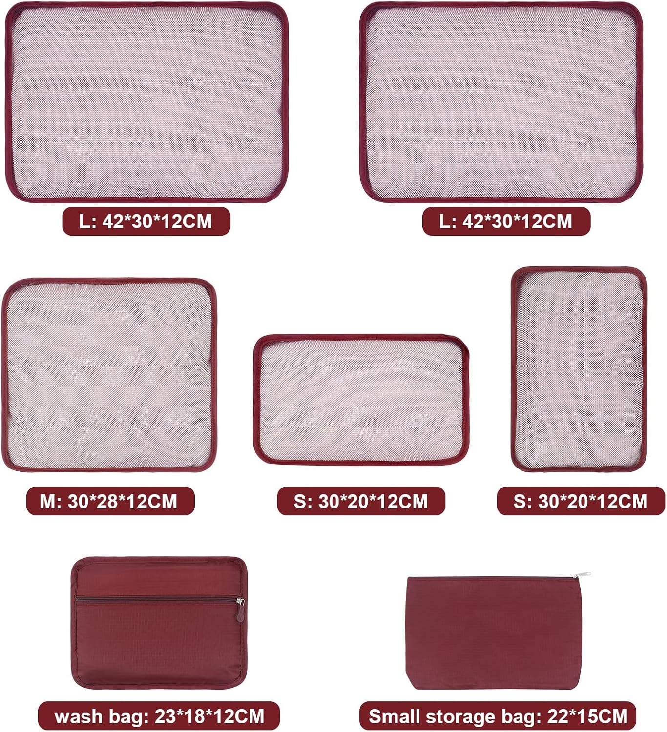 ShawFly Suitcase Organizer Packing Cubes, 7 Pieces Travel Cubes for Suitcase Lightweight Luggage Packing Organizer Essential Travel Bags for Travel Accessories (Burgundy)