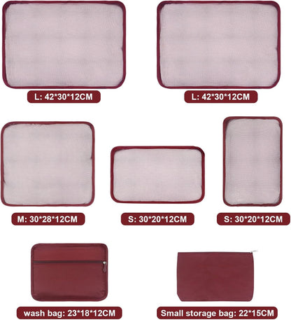 ShawFly Suitcase Organizer Packing Cubes, 7 Pieces Travel Cubes for Suitcase Lightweight Luggage Packing Organizer Essential Travel Bags for Travel Accessories (Burgundy)
