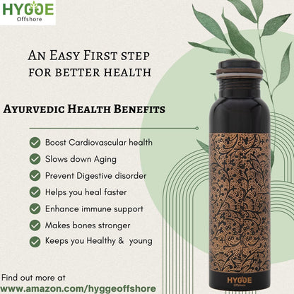 HYGGE 34oz (1L) Pure Copper Water Bottle – Ayurvedic Copper Bottle with Lid – Leak-Proof, Antique Embossed Design – Travel Water Bottle for Gym, Office, Hiking, Yoga – Eco-Friendly Drinkware