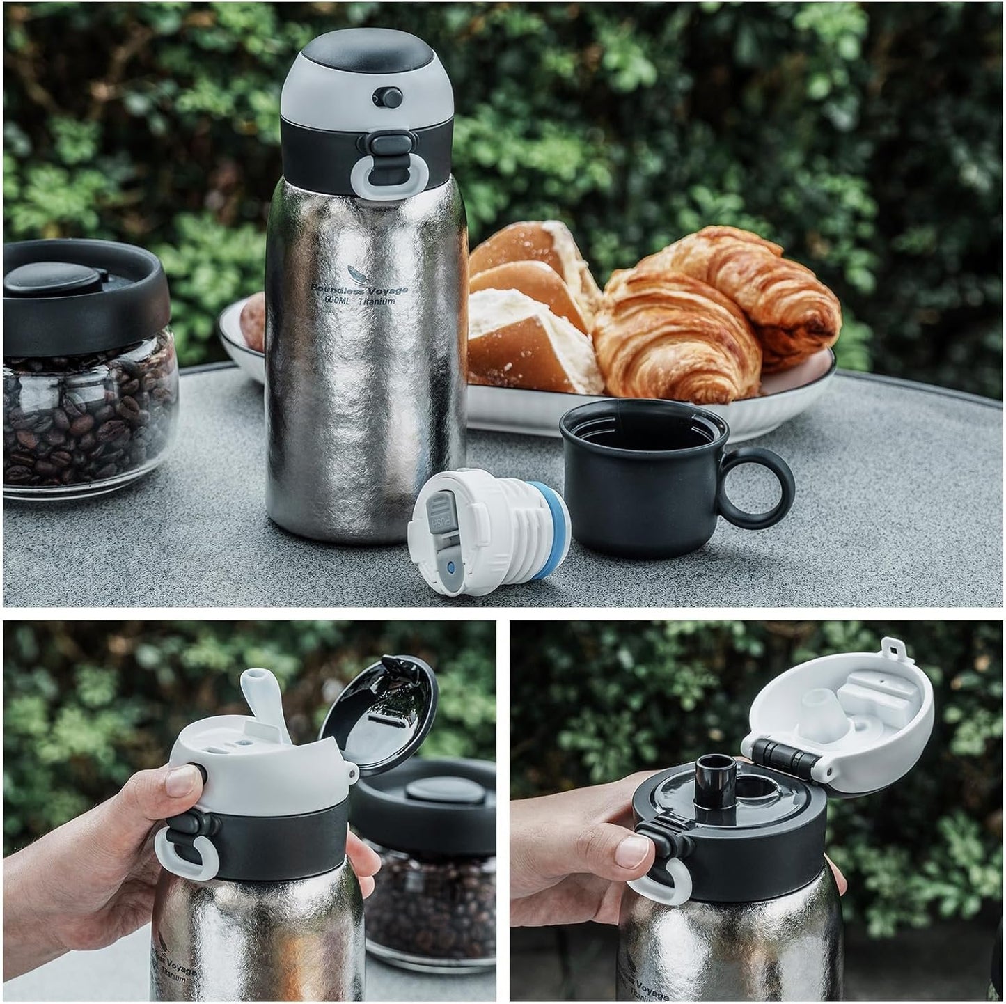 iBasingo 600ml Titanium Vacuum Water Bottle Leak-Proof Double-Walled Coffee Tea Bottle with Mug & Straw Lightweight Keeping Hot & Cold Drinking Cup for Outdoor Travel Office