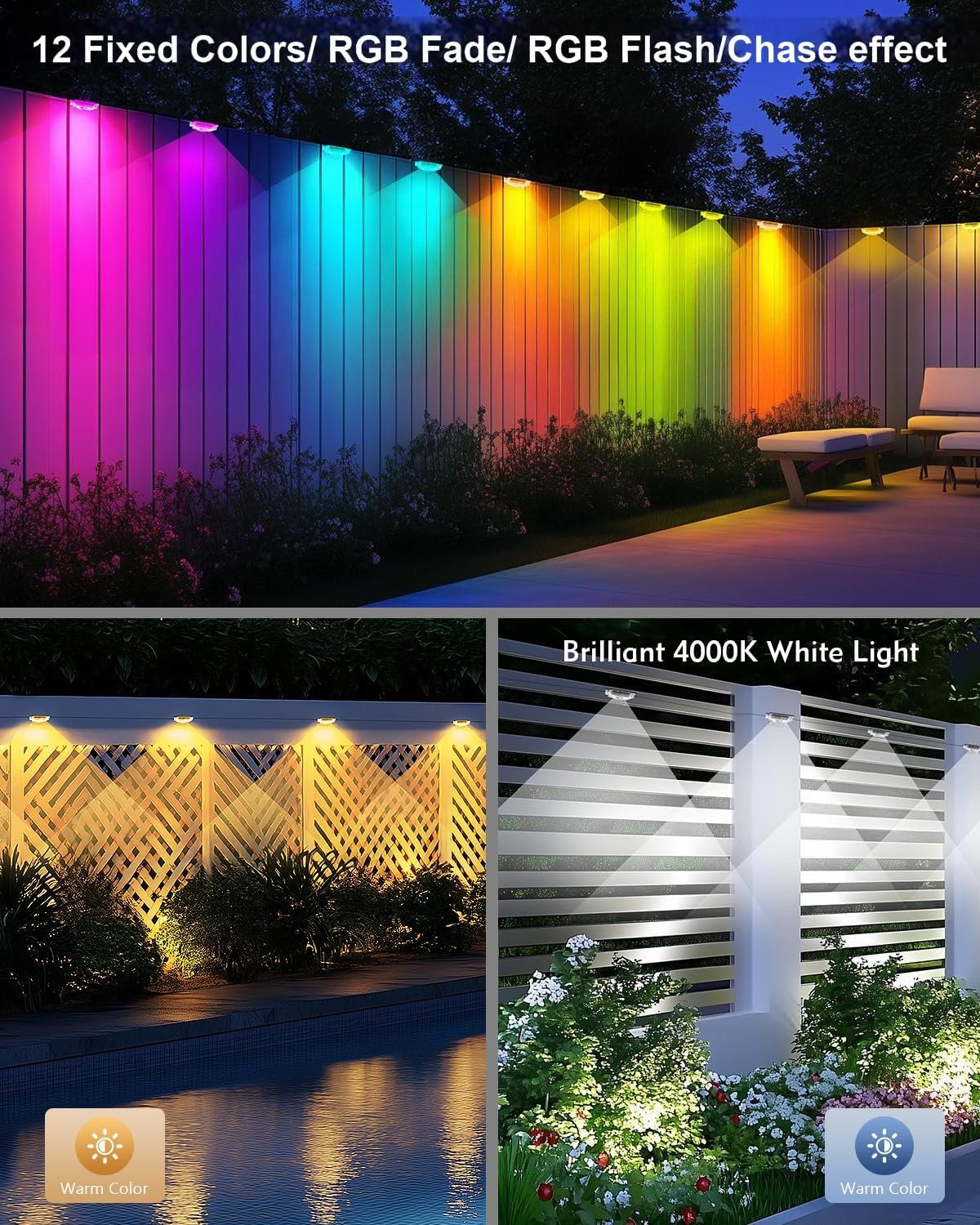 Outdoor Deck Lights,30 Pack Multicolor RGB IC Permanent Outdoor Light with 4000K White Light,IP67 Smart Fence Lights with Remote App Control,Christmas Light for Holiday Lighting,Wired
