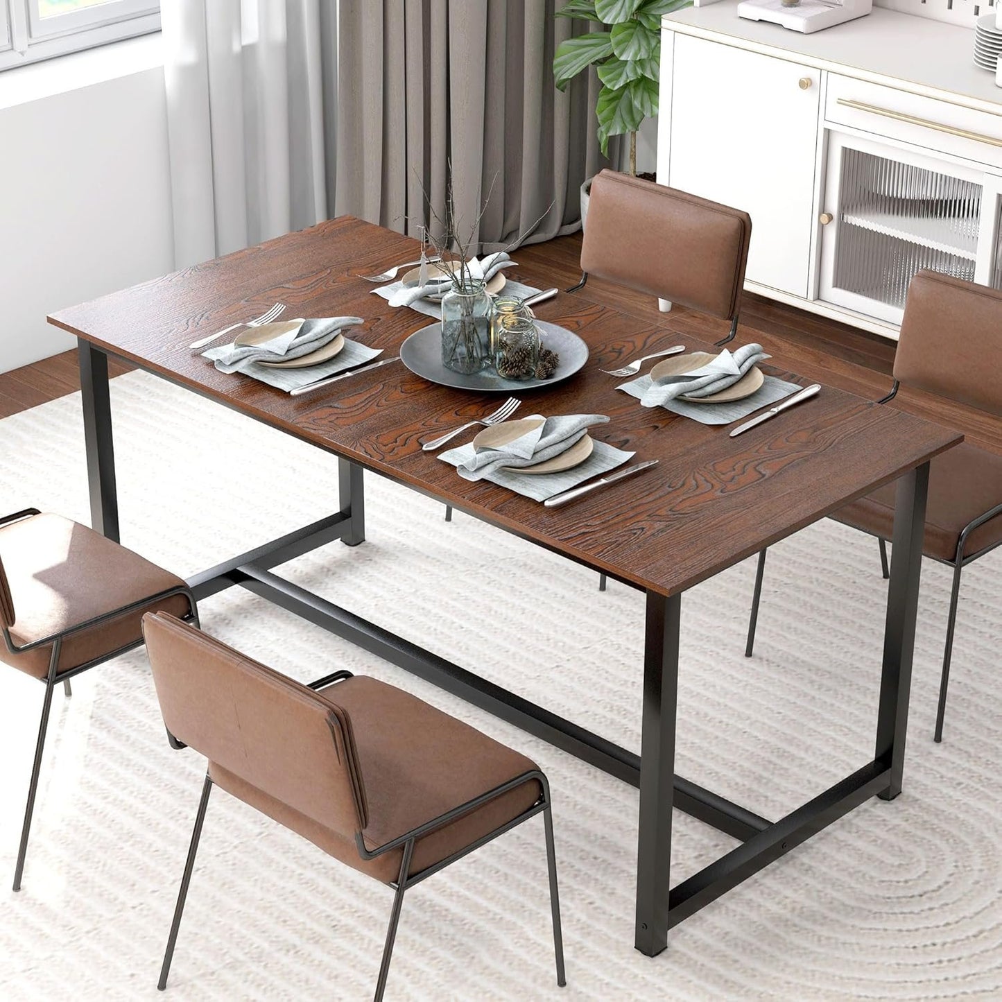 HOMCOM Extendable Dining Table for 4-6, Industrial Folding Kitchen Table with Steel Frame, 63"-79" Adjustable Tabletop, Brown Wood Grain