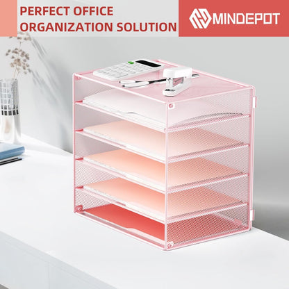 MINDEPOT 6 Tier Desk Organizer Paper Tray, Metal File Holder Desktop Organizers and Workspace Accessories for School Office Organization Storage Rack (1, Pink)
