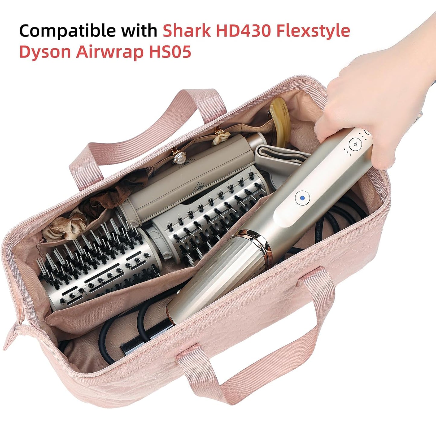 NISHEL Hair Tools Travel Carrying Bag, Portable Hair Air Wrap Dryer Case, Hair Dryer/Curling Iron/Airstraight Attachment Organizer, Pink
