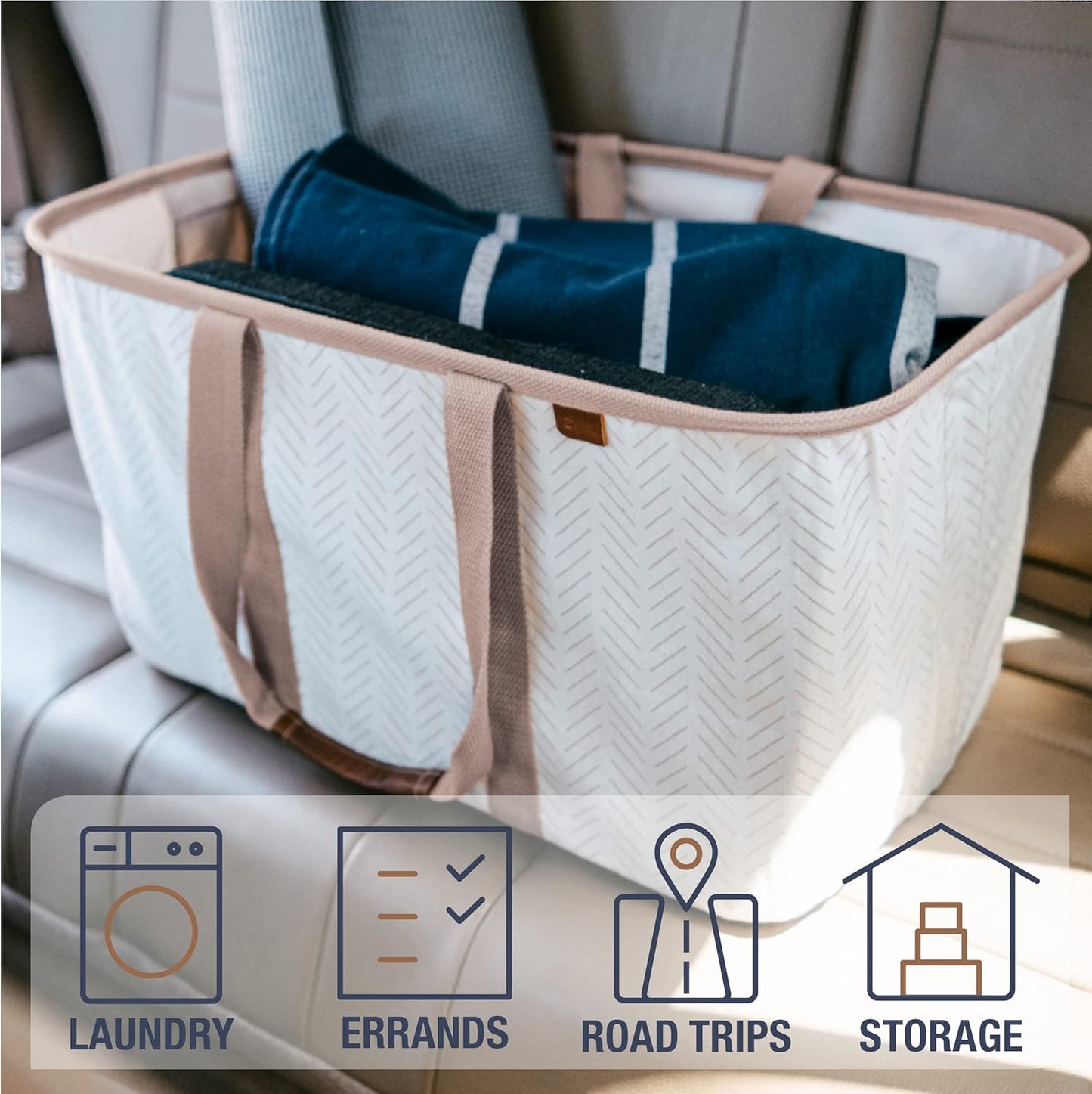 CleverMade Collapsible Laundry Tote - LUXE Cream Herringbone 2Pack 50L -Foldable Storage Organization Container Clothes Laundry Room Storage Solution