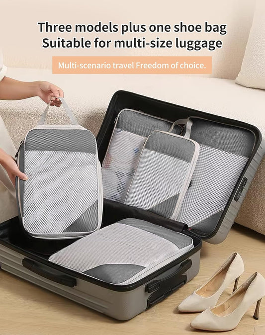 Space-Saving Suitcase Organizer 4 Pieces Set Waterproof Packing Cubes Compression, Suitcase Organizer, Travel Accessories, Travel Essentials, Travel Organizer for Clothes, Shoes, Underwear, Grey