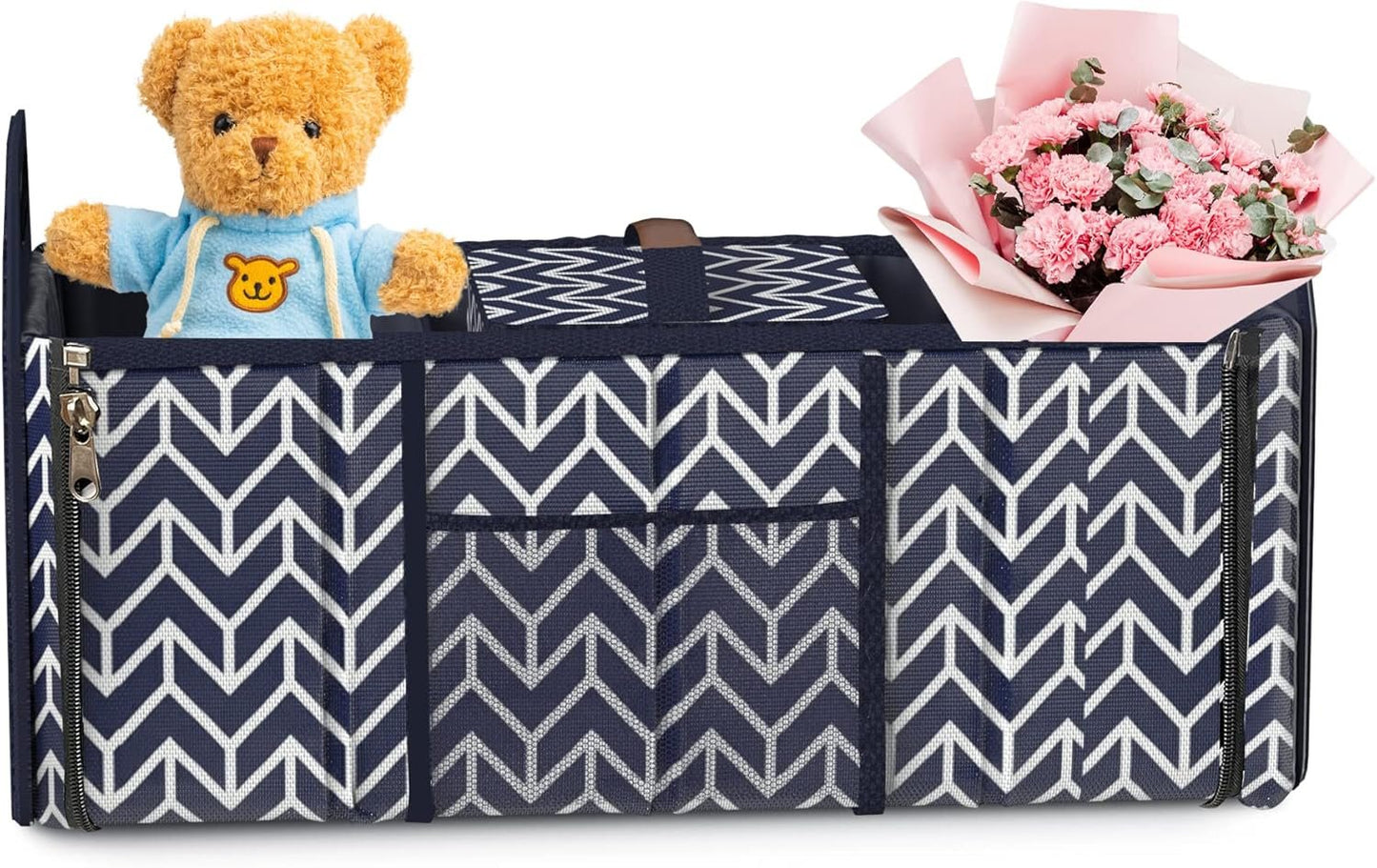 Trunk Organizer, Foldable Car Storage Bag Portable Insulation Cooler Bag Collapsible Vehicle Organizer Divider Storage Totes with 3 Compartment Cargo Tote for Groceries Caddy SUV, Navy Blue