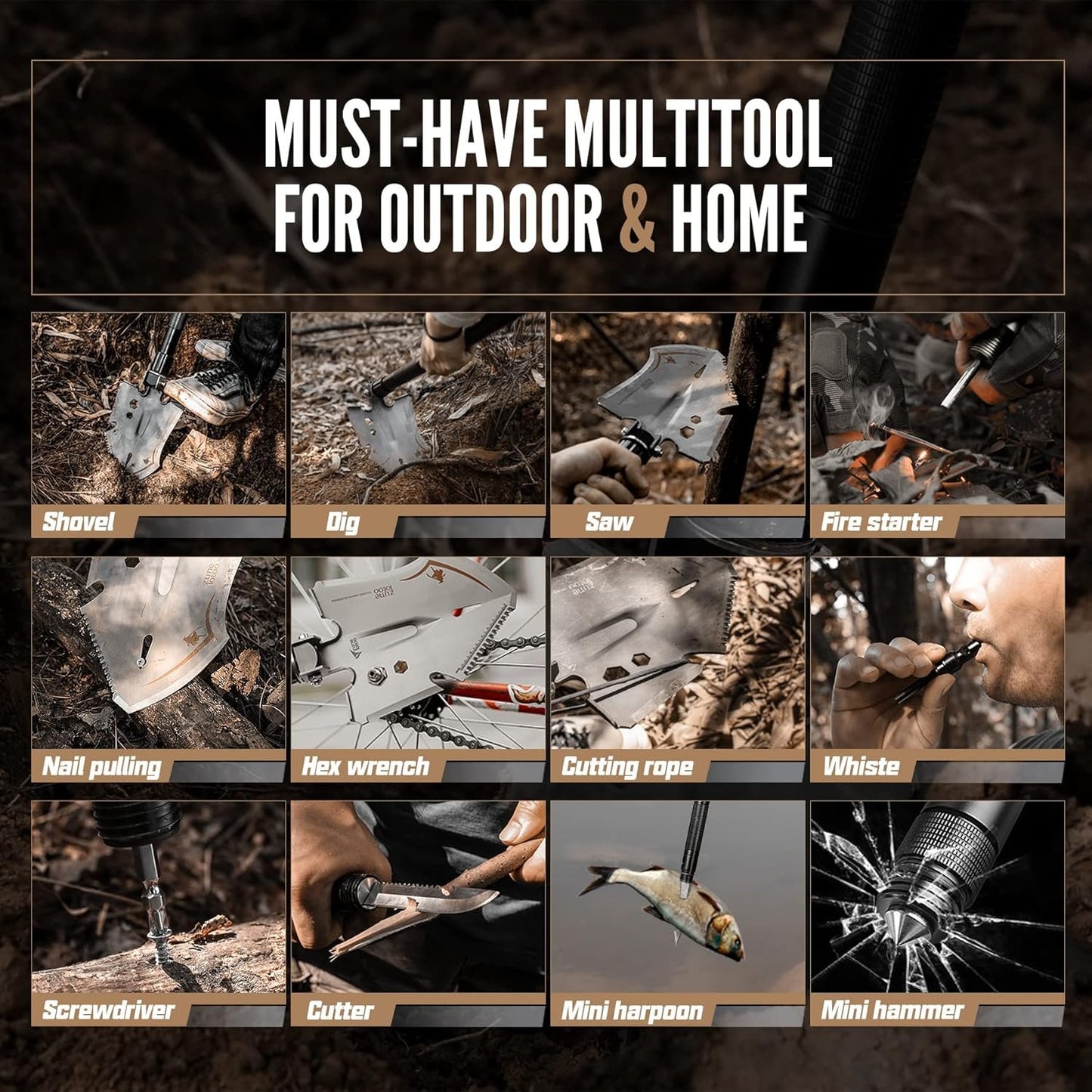 Zune Lotoo Survival Shovel Multitool, 18 in 1 Military Folding Camping Shovel, Foldable Shovel Tactical Spade for Hiking Backpack Car Entrenching Emergency Gear Camping Tools Survival Kits