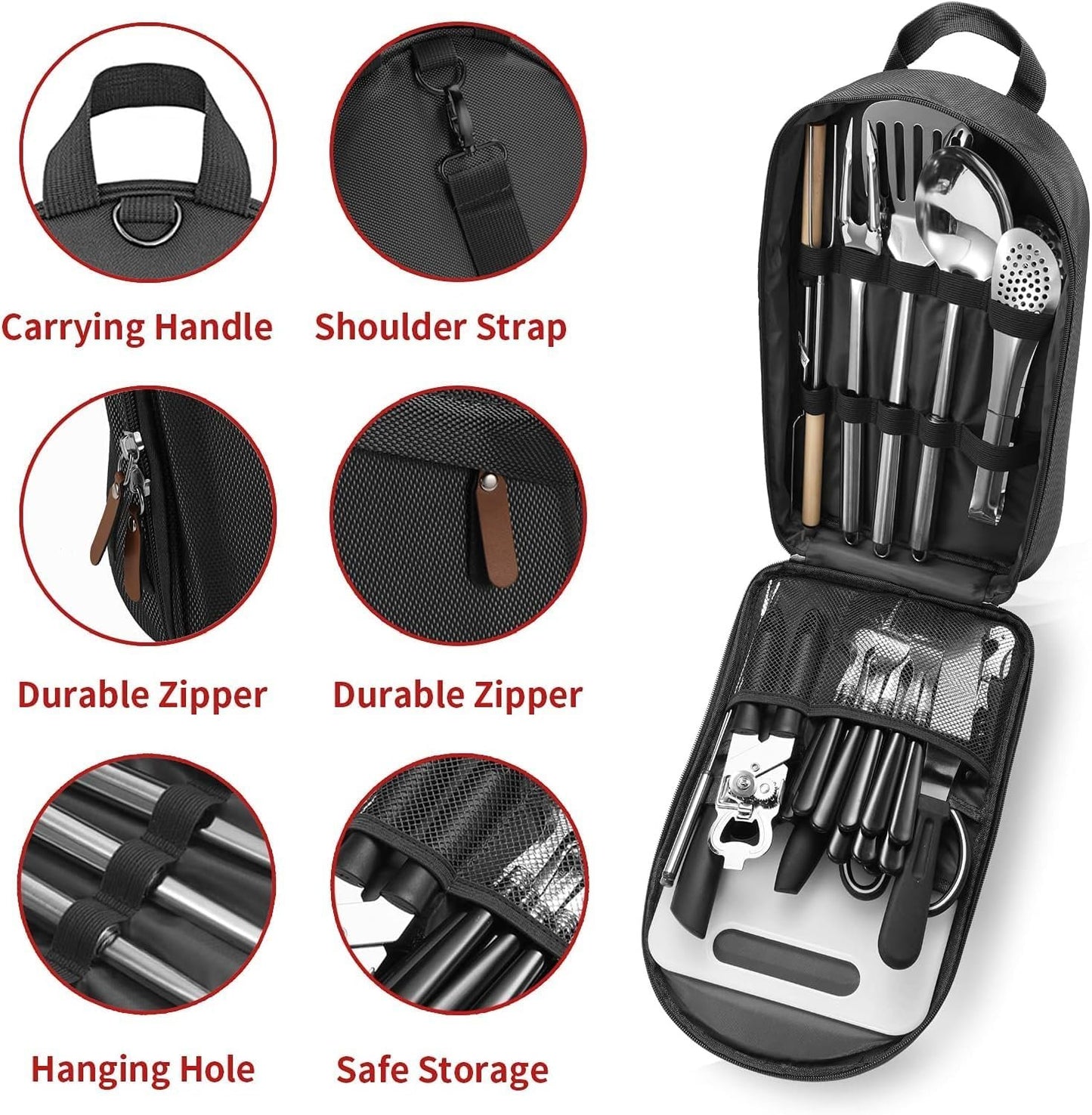 JiaoZoum Portable Camping Kitchen Utensil Set-27 Piece Cookware Kit, Stainless Steel Outdoor Cooking and Grilling Utensil Organizer Set for Travel, Picnics, Camping, BBQs, Parties