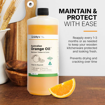 Gilly's Orange Oil 1 Litre | All-Purpose Natural Finish for Wooden Chopping Boards, Cutting Boards & Furniture | Essential Oil Blend for Cleaning, Restoring Cane, Bamboo & Wooden Surfaces