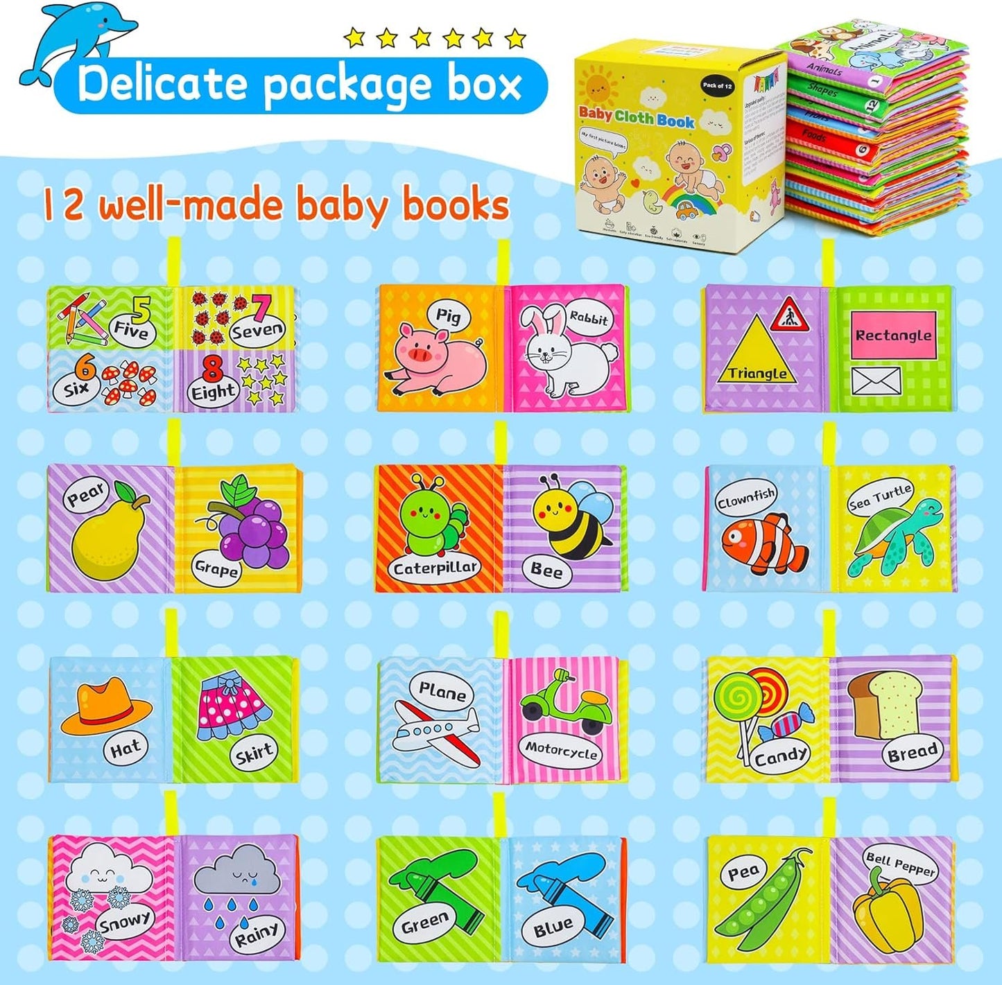 OKOOKO Soft Baby Books 12PCS Soft Cloth Books Bath Books Crinkle Washable Non-Toxic Early Education Preschool Learning Toy for Newborns Babies Infants Toddlers Kids