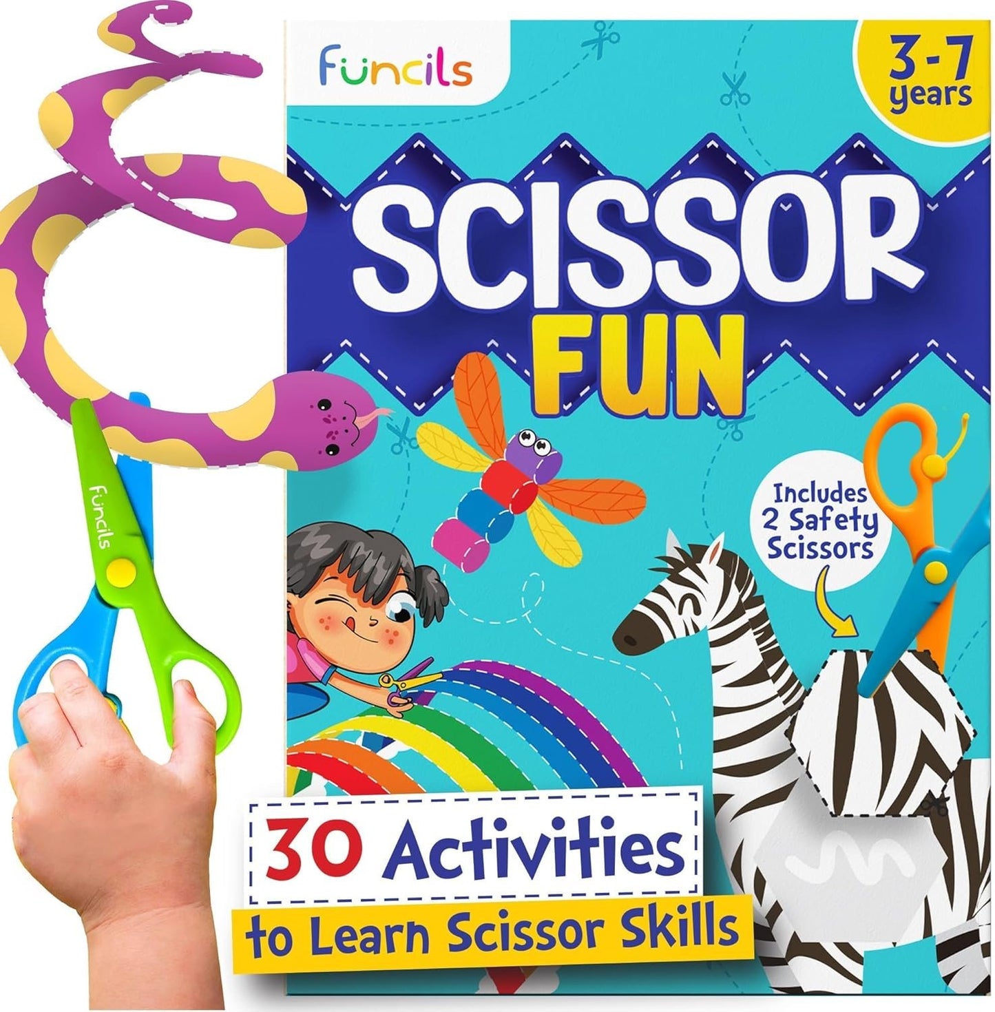 Funcils Toddler Scissor Skills - Art Supplies & Crafts Kit for Kids, Safety Scissors, Fine Motor Toys, Birthday Gifts for Boys & Girls Ages 3, 4, 5, 6, 7 Year Old, Preschool Learning Activities Books