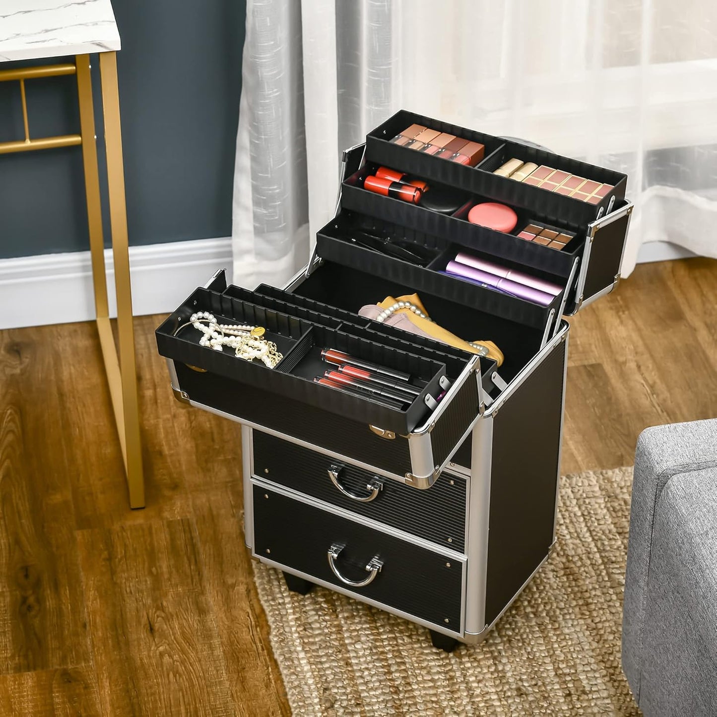 HOMCOM Professional Makeup Case, Reinforced Make Up Trolley in MDF, Aluminium and Steel, Lock with 2 Keys and Wheels, 36 x 23 x 58 cm, Black, modern