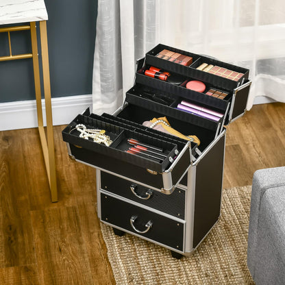 HOMCOM Professional Makeup Case, Reinforced Make Up Trolley in MDF, Aluminium and Steel, Lock with 2 Keys and Wheels, 36 x 23 x 58 cm, Black, modern